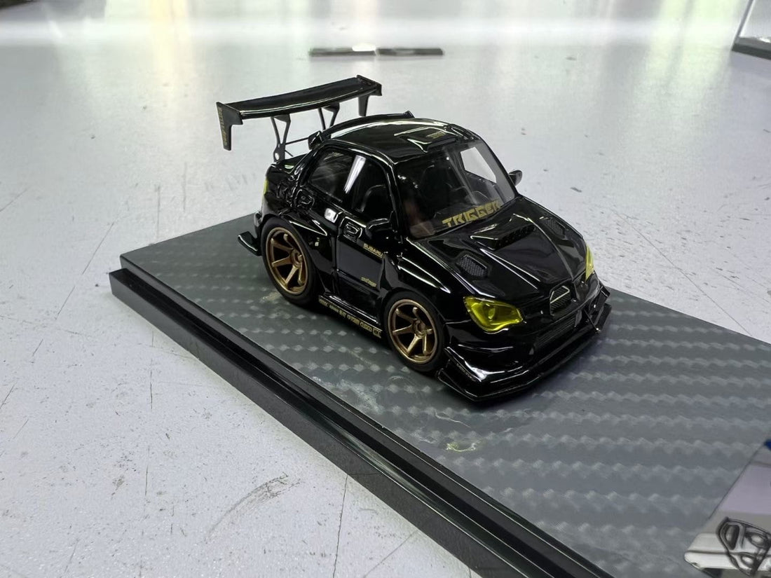 Subaru Impreza WRX STI Voltex Black Gold Resin 1:64 by YM model X Q CAR Mounted Angled Front View 2