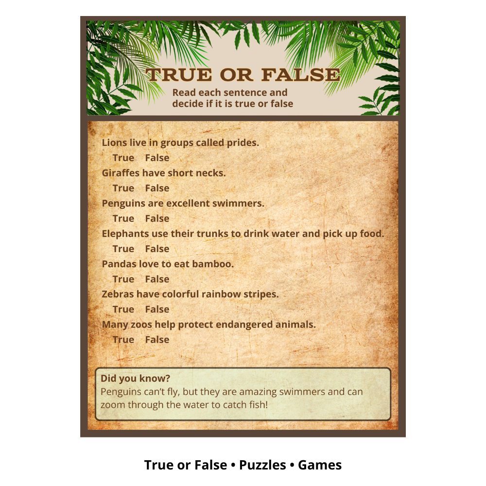 Printable zoo activity book featuring mazes, word searches, quizzes, and animal learning pages for children