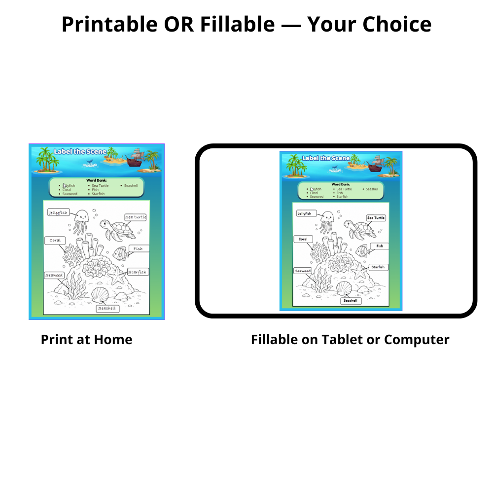 Ocean Explorer printable kids activity book sample pages with coloring and puzzles