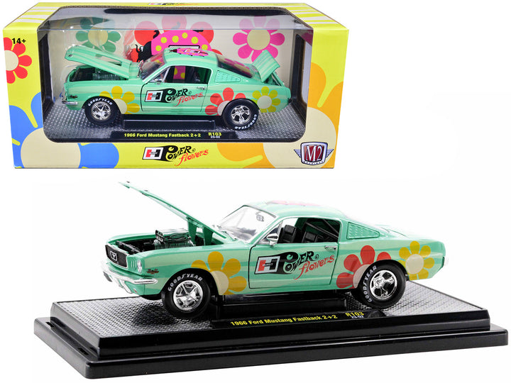 1966 Ford Mustang Fastback 2+2 Seafoam Green and Light Green Striped with Flower Graphics "Hurst Power Flowers" Limited Edition to 6550 pieces Worldwide 1/24 Diecast Model Car by M2 Machines-0