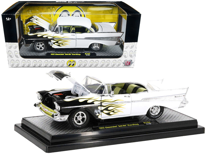 1957 Chevrolet Bel Air Hardtop Bright White with Flames "Mooneyes" Limited Edition to 6450 pieces Worldwide 1/24 Diecast Model Car by M2 Machines-0