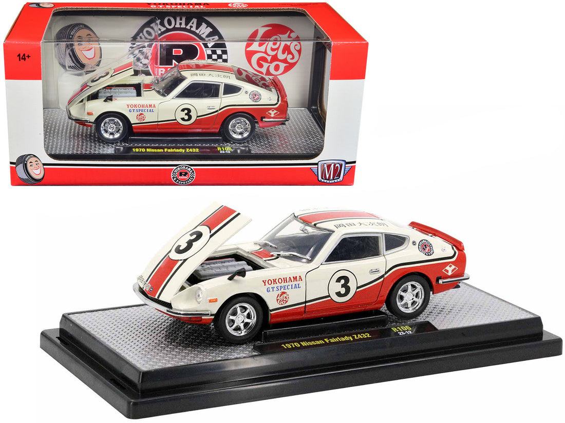 1970 Nissan Fairlady Z 432 RHD (Right Hand Drive) #3 Wimbledon White with Red and Black Stripes "Yokohama GT Special" Limited Edition to 5250 pieces Worldwide 1/24 Diecast Model Car by M2 Machines-0