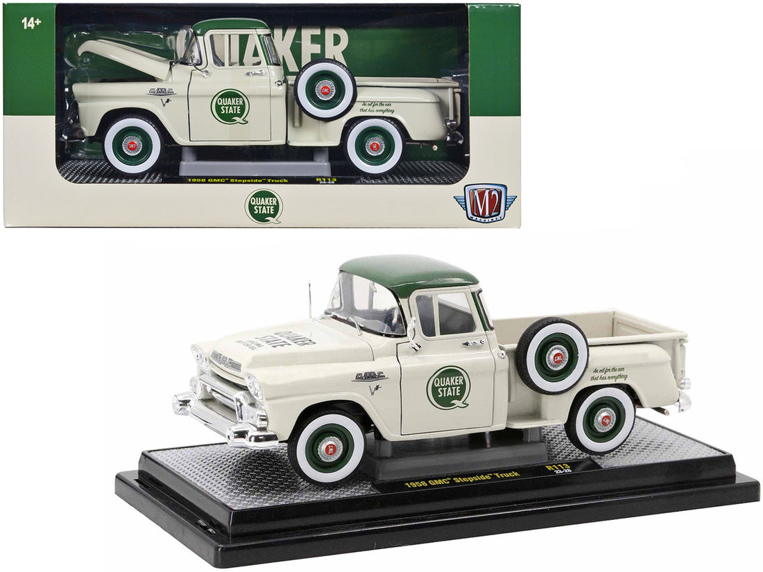 1958 GMC Stepside Pickup Truck Light Beige with Green Top "Quaker State" Limited Edition to 6650 pieces Worldwide 1/24 Diecast Model Car by M2 Machines-0