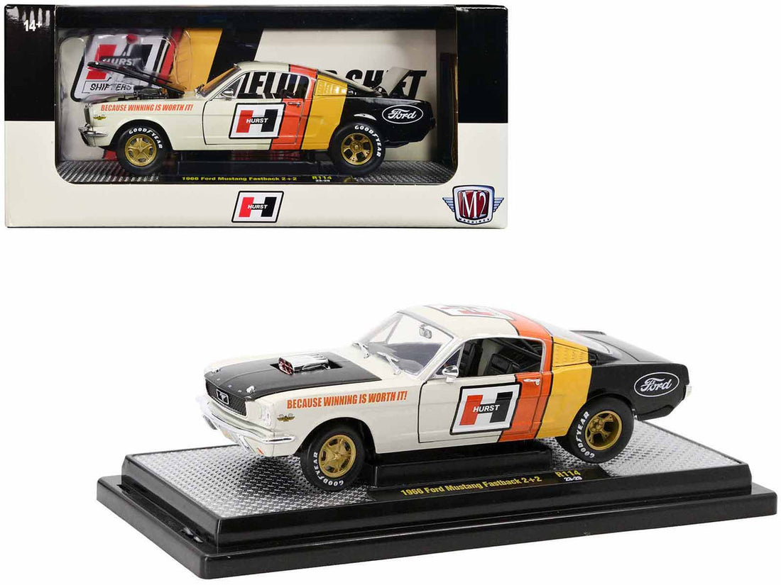 1966 Ford Mustang Fastback 2+2 Off White and Black with Red and Yellow Stripes "Hurst Shifters" Limited Edition to 6000 pieces Worldwide 1/24 Diecast Model Car by M2 Machines-0