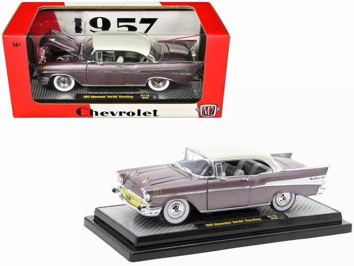 1957 Chevrolet Bel Air Hardtop Purple Metallic with Crean Top Limited Edition to 6250 pieces Worldwide 1/24 Diecast Model Car by M2 Machines-0