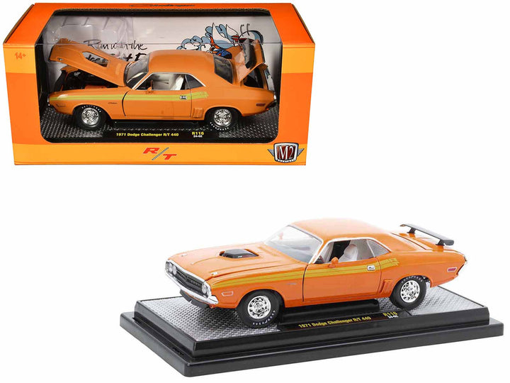 1971 Dodge Challenger R/T 440 Orange with Yellow Stripes and White Interior Limited Edition to 5250 pieces Worldwide 1/24 Diecast Model Car by M2 Machines-0