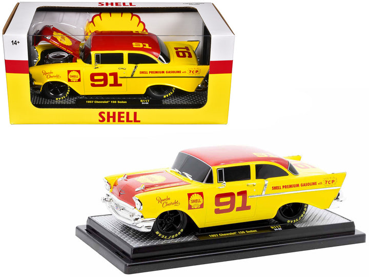 1957 Chevrolet 150 Sedan #91 Yellow with Red Hood and Top "Shell Oil" Limited Edition to 6250 pieces Worldwide 1/24 Diecast Model Car by M2 Machines-0