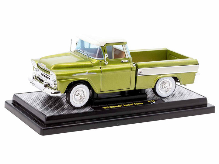 1958 Chevrolet Apache Cameo Pickup Truck Olive Green Metallic with Wimbledon White Top Limited Edition to 6250 pieces Worldwide 1/24 Diecast Model Car by M2 Machines-1