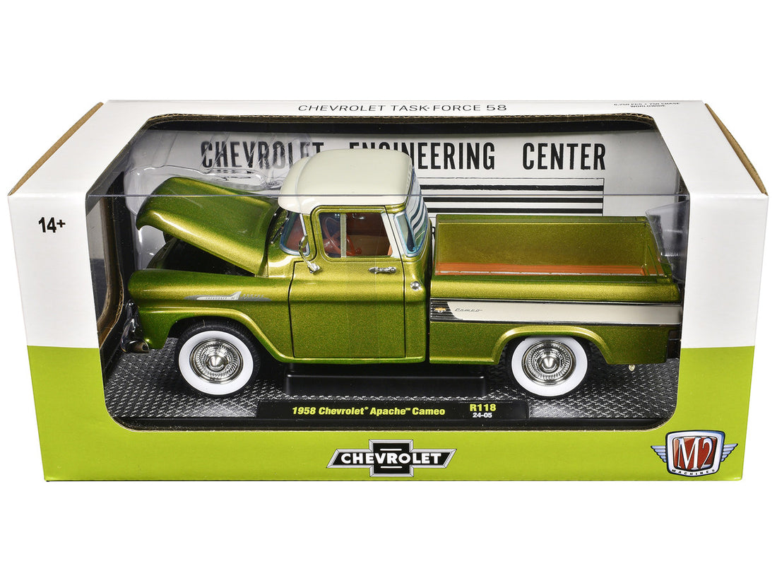 1958 Chevrolet Apache Cameo Pickup Truck Olive Green Metallic with Wimbledon White Top Limited Edition to 6250 pieces Worldwide 1/24 Diecast Model Car by M2 Machines-2