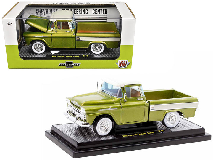 1958 Chevrolet Apache Cameo Pickup Truck Olive Green Metallic with Wimbledon White Top Limited Edition to 6250 pieces Worldwide 1/24 Diecast Model Car by M2 Machines-0