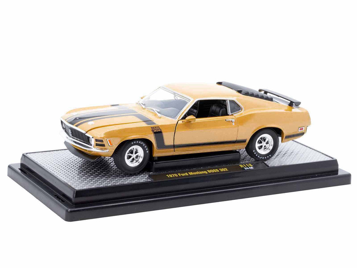 1970 Ford Mustang BOSS 302 Gold Metallic with Black Stripes Limited Edition to 6250 pieces Worldwide 1/24 Diecast Model Car by M2 Machines-0
