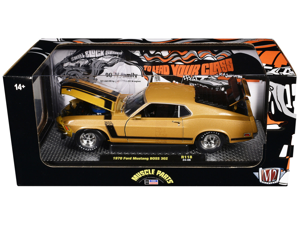 1970 Ford Mustang BOSS 302 Gold Metallic with Black Stripes Limited Edition to 6250 pieces Worldwide 1/24 Diecast Model Car by M2 Machines-1