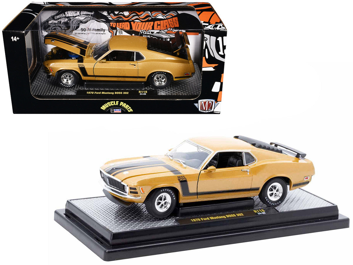 1970 Ford Mustang BOSS 302 Gold Metallic with Black Stripes Limited Edition to 6250 pieces Worldwide 1/24 Diecast Model Car by M2 Machines-2