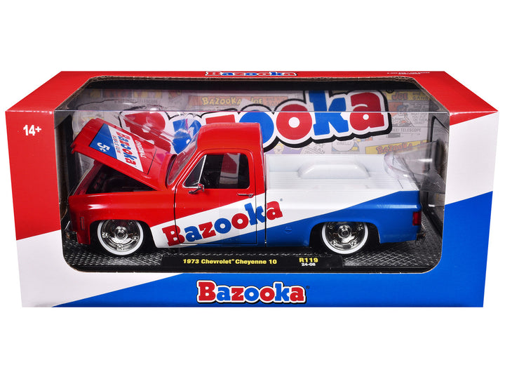 Chevrolet 1973 Cheyenne 10 Pickup Truck Red and Blue with White Stripe "Bazooka Bubble Gum" Limited Edition to 6250 pieces Worldwide 1/24 Diecast Model Car by M2 Machines