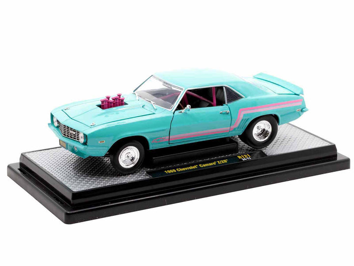 1969 Chevrolet Camaro Z/28 Light Blue with Pink Stripes "Pro Street" Limited Edition to 6250 pieces Worldwide 1/24 Diecast Model Car by M2 Machines-0