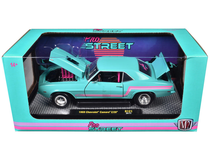 1969 Chevrolet Camaro Z/28 Light Blue with Pink Stripes "Pro Street" Limited Edition to 6250 pieces Worldwide 1/24 Diecast Model Car by M2 Machines-1