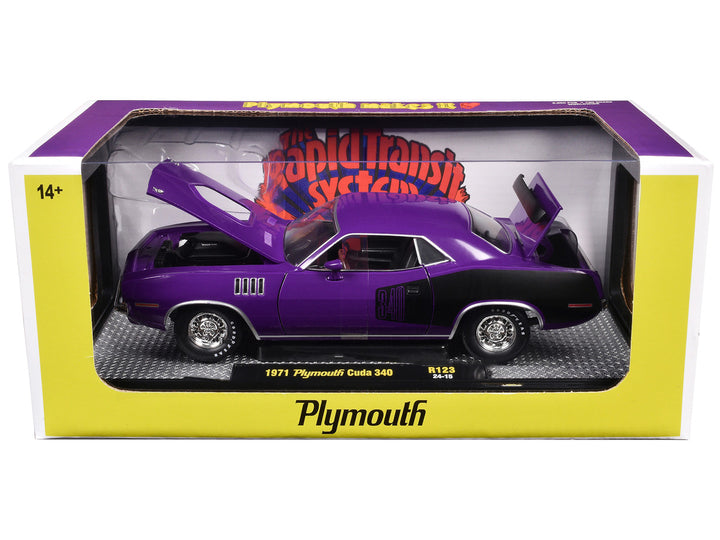 1971 Plymouth Barracuda 340 Purple with Black Limited Edition to 6650 pieces Worldwide 1/24 Diecast Model Car by M2 Machines-1