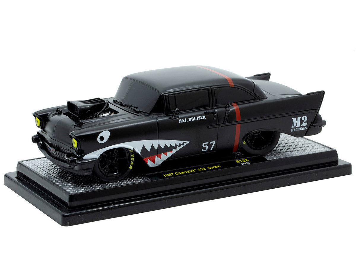 1957 Chevrolet 150 Sedan "Maj. Bruiser" Matt Black with Red Stripe and Shark Mouth Graphics Limited Edition to 6650 pieces Worldwide 1/24 Diecast Model Car by M2 Machines-0