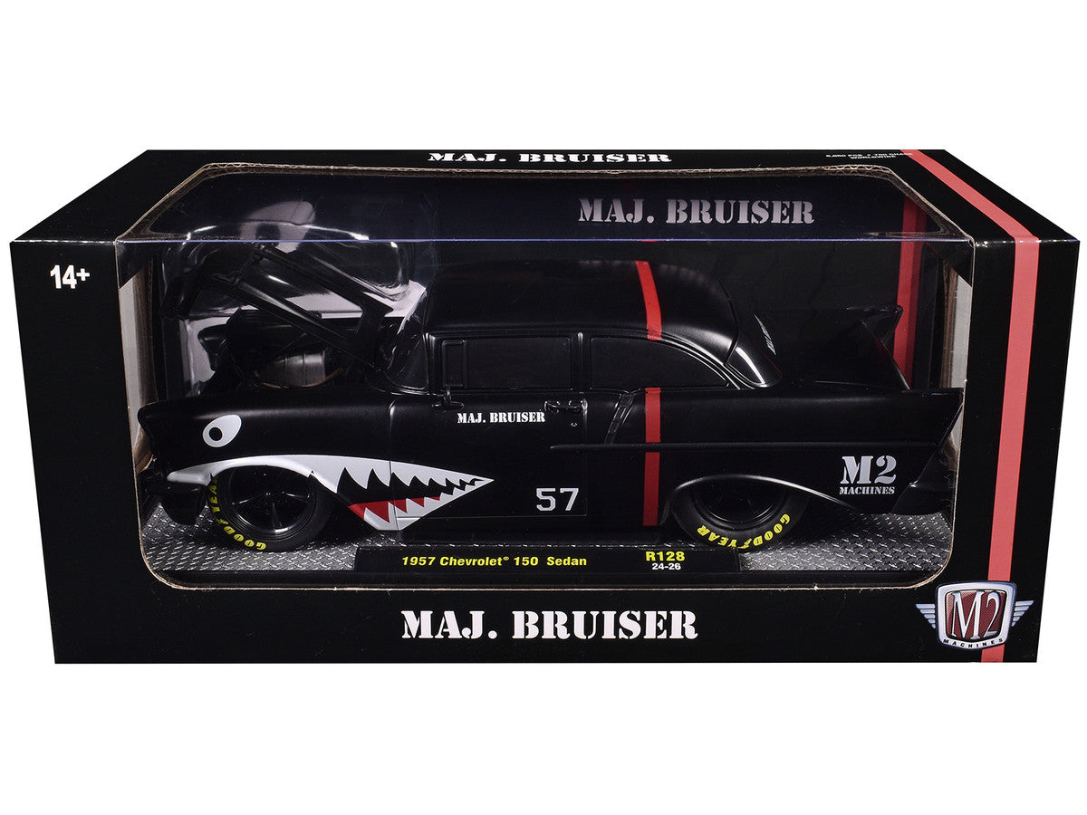 1957 Chevrolet 150 Sedan "Maj. Bruiser" Matt Black with Red Stripe and Shark Mouth Graphics Limited Edition to 6650 pieces Worldwide 1/24 Diecast Model Car by M2 Machines-1