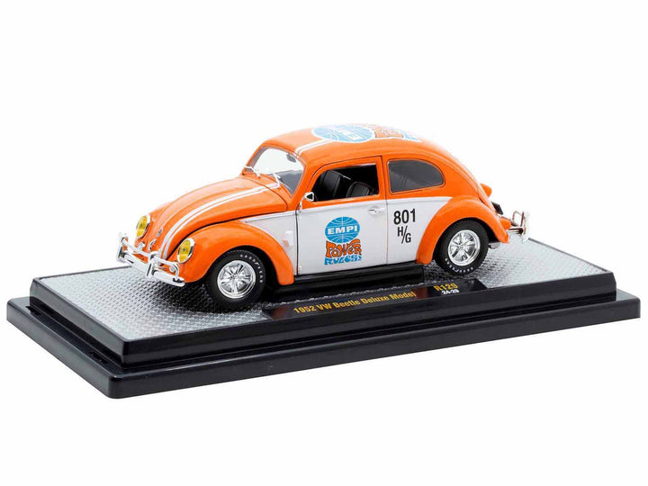 1952 Volkswagen Beetle Deluxe Model "EMPI Power Rules" Orange and White with Graphics Limited Edition to 6650 pieces Worldwide 1/24 Diecast Model Car by M2 Machines-1