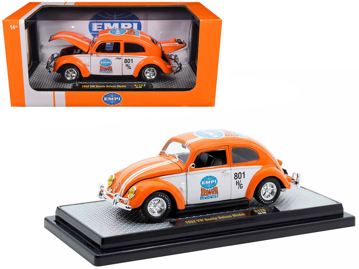1952 Volkswagen Beetle Deluxe Model "EMPI Power Rules" Orange and White with Graphics Limited Edition to 6650 pieces Worldwide 1/24 Diecast Model Car by M2 Machines-0