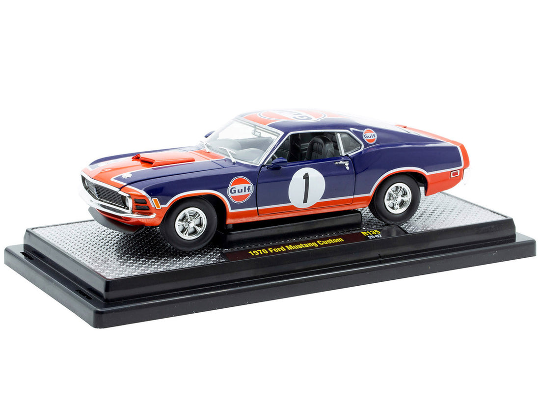 1970 Ford Mustang Custom #1 "Gulf Oil" Dark Blue with Orange Graphics Limited Edition to 7850 pieces Worldwide 1/24 Diecast Model Car by M2 Machines-0