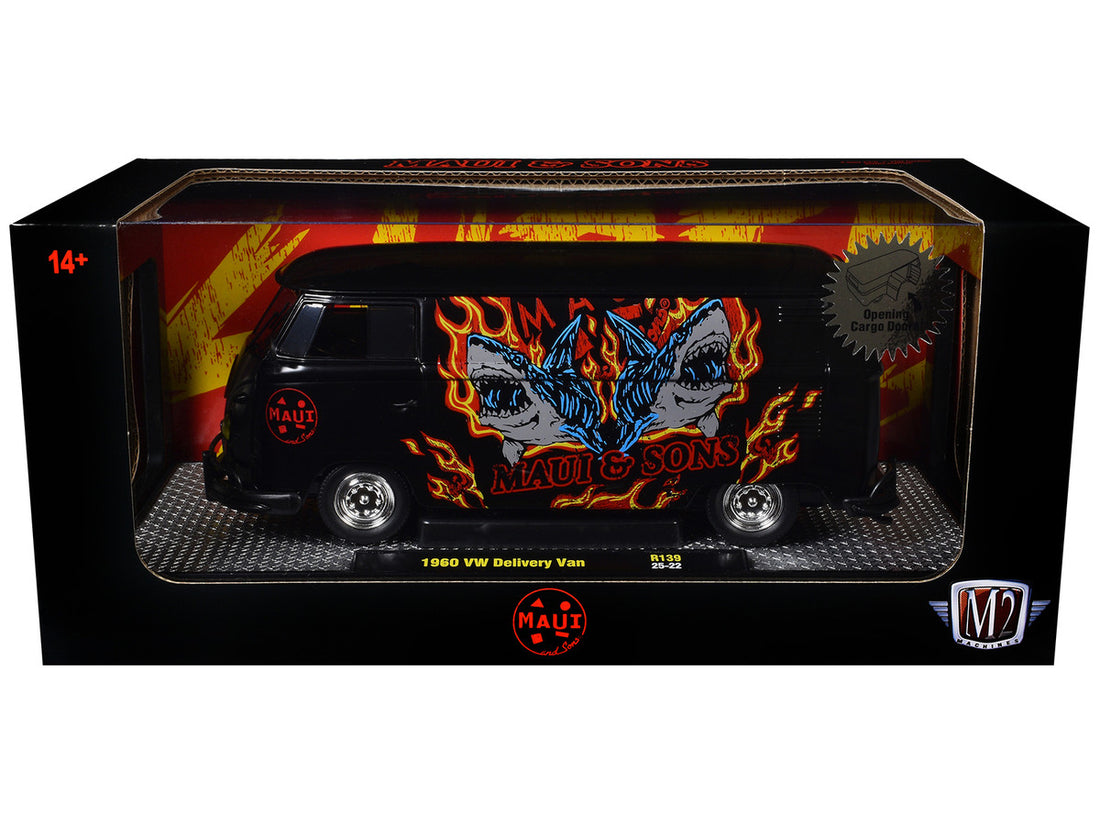 1960 Volkswagen Delivery Van "Maui & Sons" Black with Graphics Limited Edition to 4050 pieces Worldwide 1/24 Diecast Model Car by M2 Machines-1