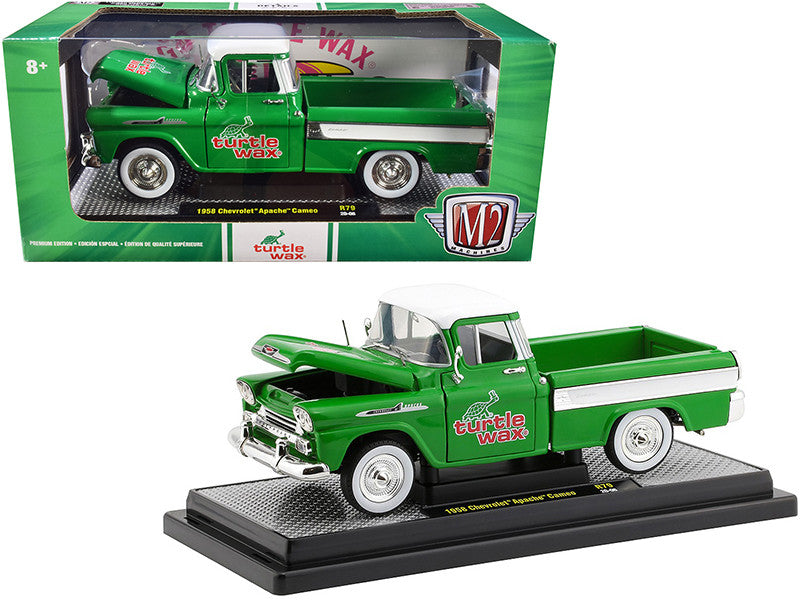 1958 Chevrolet Apache Cameo Pickup Truck Green with White Top and White Stripes "Turtle Wax" Limited Edition to 6880 pieces Worldwide 1/24 Diecast Model Car by M2 Machines-0