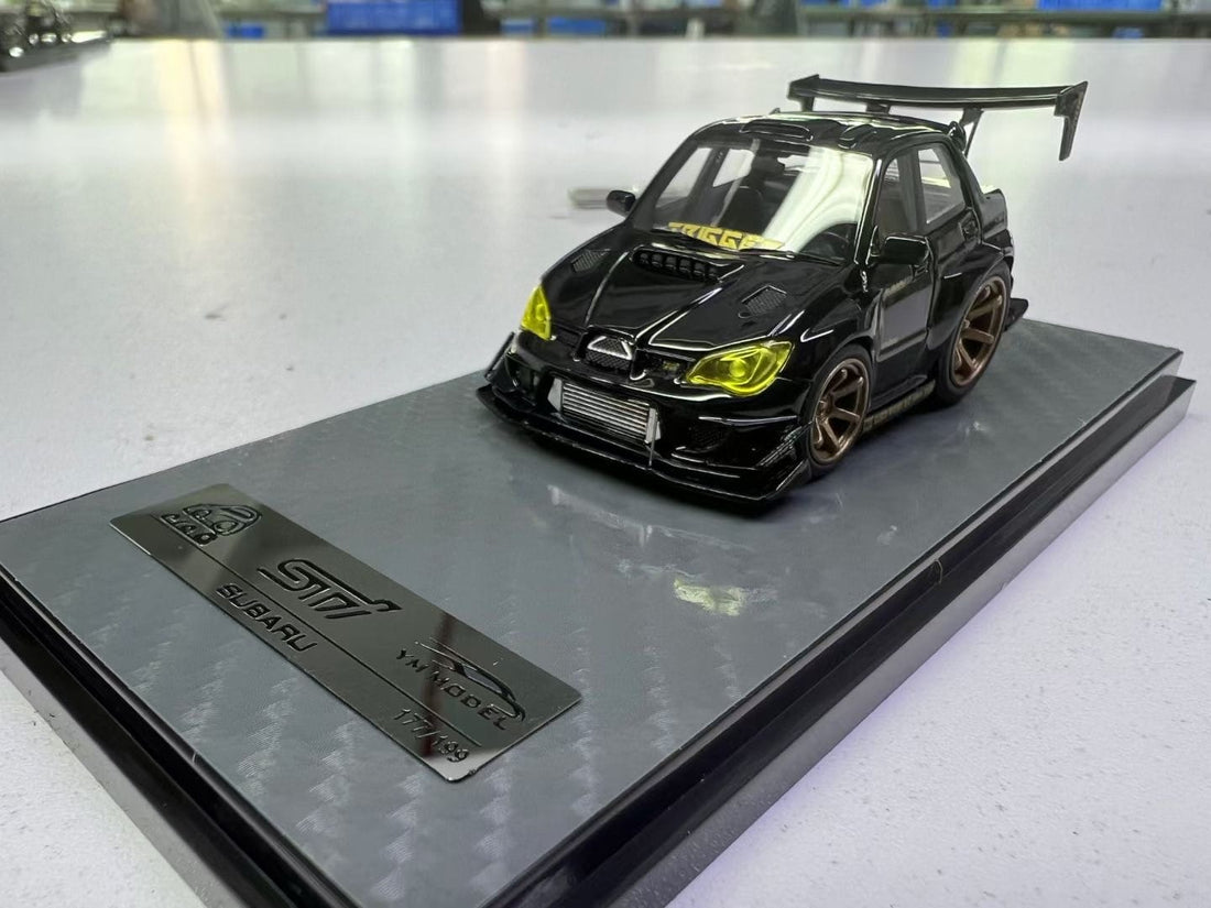 Subaru Impreza WRX STI Voltex Black Gold Resin 1:64 by YM model X Q CAR Mounted Angled Front View