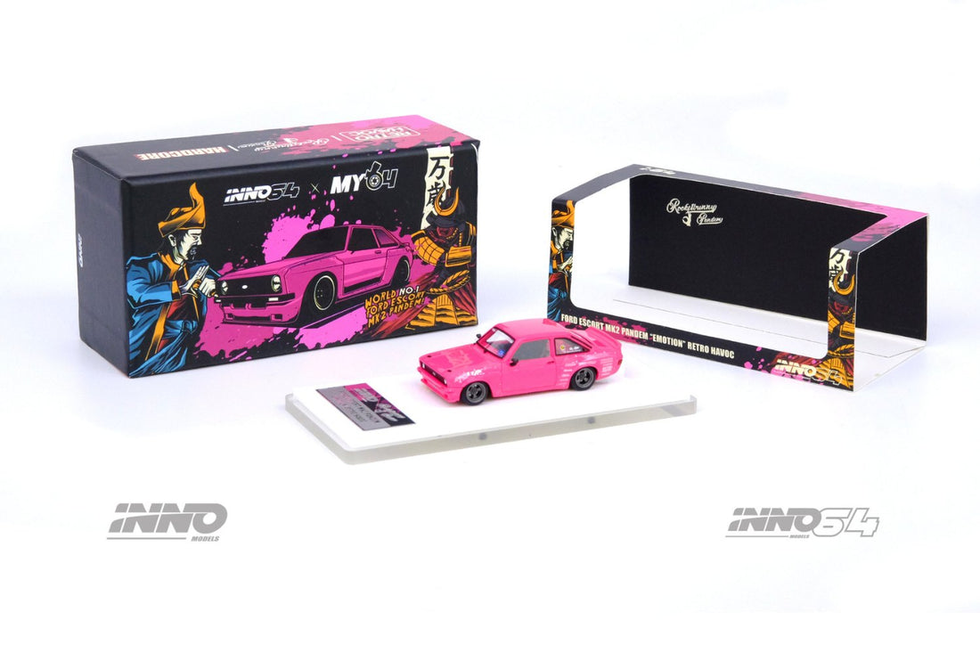 Ford Escort MK2 Pandem "Emotion" Retro Havoc Pink 1:64 by Inno64  IN64R-MK2P-ERH Open Package View