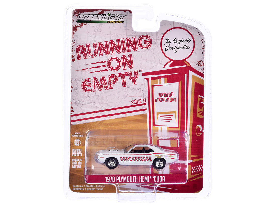 1970 Plymouth Hemi Barracuda "Ramchargers" White with Red Stripes "Running on Empty" Series 17 1/64 Diecast Model Car by Greenlight-1