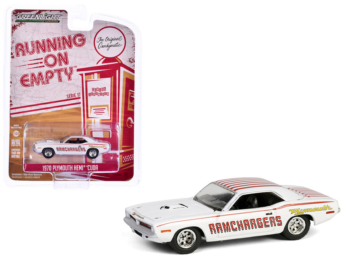 1970 Plymouth Hemi Barracuda "Ramchargers" White with Red Stripes "Running on Empty" Series 17 1/64 Diecast Model Car by Greenlight-2