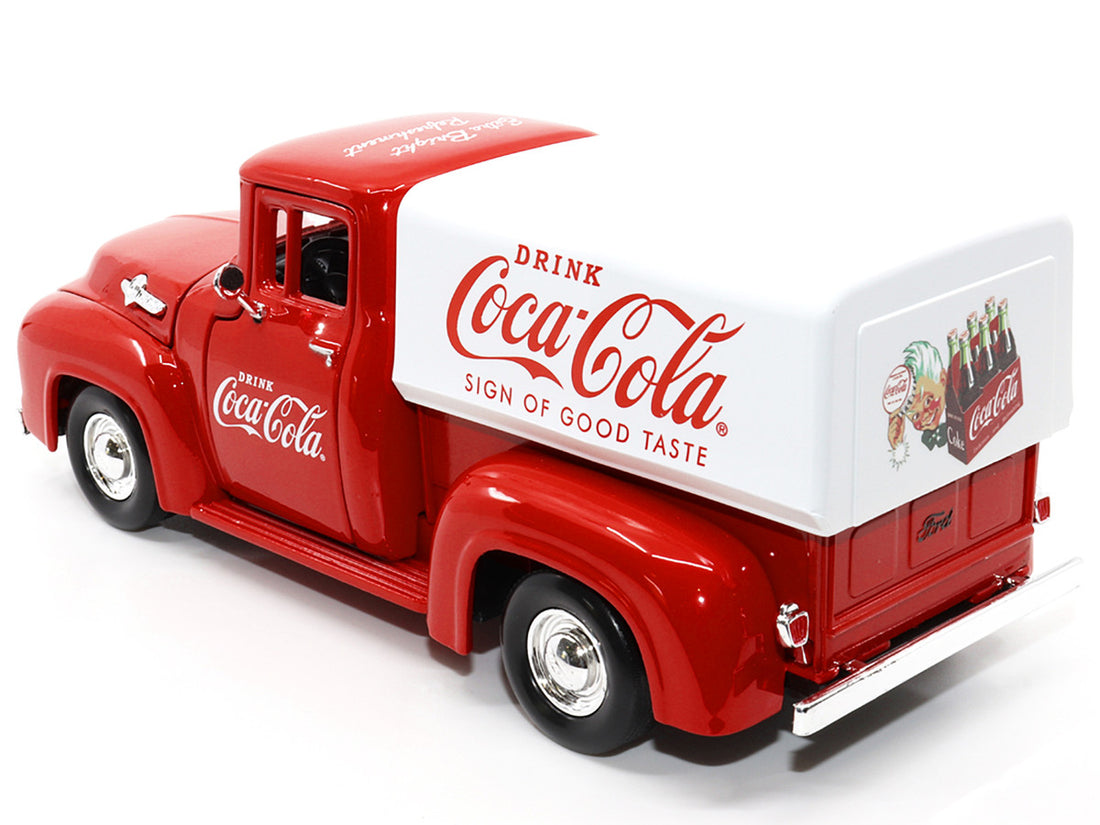 1955 Ford F-100 Pickup Truck Red with White Canopy "Drink Coca-Cola" 1/24 Diecast Model Car by Motor City Classics-2