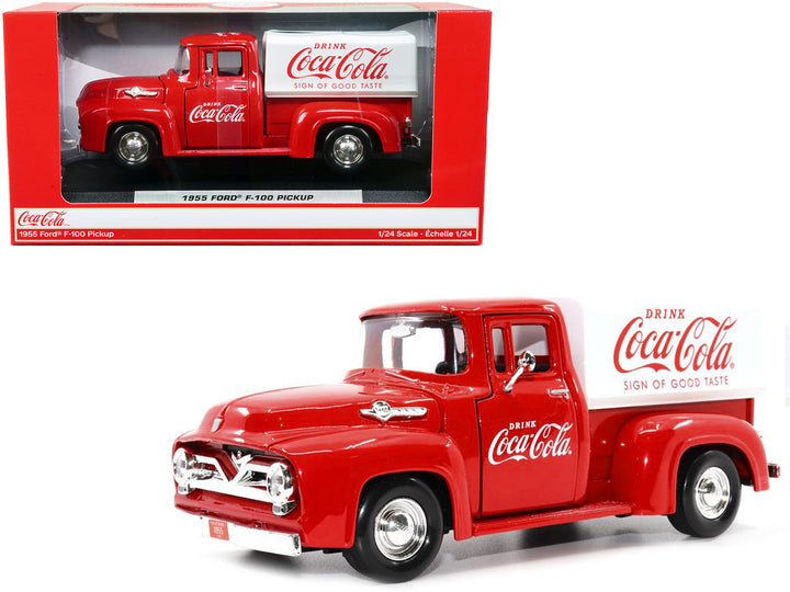 1955 Ford F-100 Pickup Truck Red with White Canopy "Drink Coca-Cola" 1/24 Diecast Model Car by Motor City Classics-0