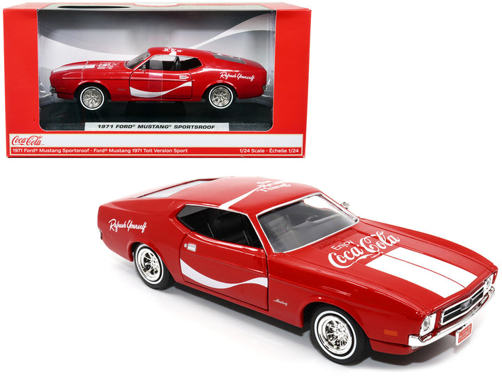 1971 Ford Mustang Sportsroof Red with White Stripes "Refresh Yourself - Coca-Cola" 1/24 Diecast Model Car by Motor City Classics-0