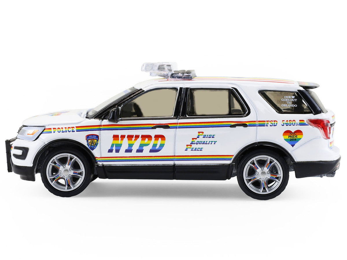 Ford 2016 Police Interceptor Utility "New York Police Department (NYPD) Pride Livery" White with Rainbow Stripes "Hot Pursuit" Series 47 1/64 Diecast Model Car by Greenlight 3