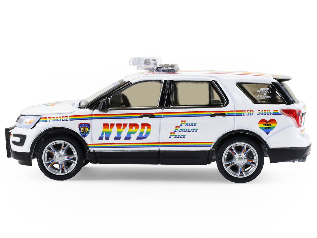 Ford 2016 Police Interceptor Utility "New York Police Department (NYPD) Pride Livery" White with Rainbow Stripes "Hot Pursuit" Series 47 1/64 Diecast Model Car by Greenlight 3