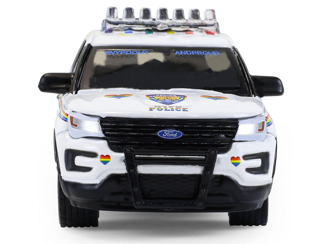 Ford 2016 Police Interceptor Utility "New York Police Department (NYPD) Pride Livery" White with Rainbow Stripes "Hot Pursuit" Series 47 1/64 Diecast Model Car by Greenlight