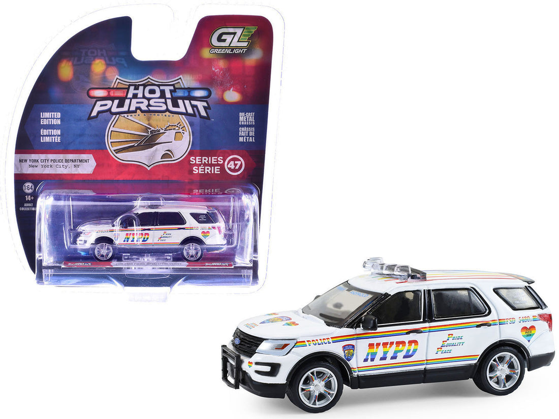 Ford 2016 Police Interceptor Utility "New York Police Department (NYPD) Pride Livery" White with Rainbow Stripes "Hot Pursuit" Series 47 1/64 Diecast Model Car by Greenlight 2