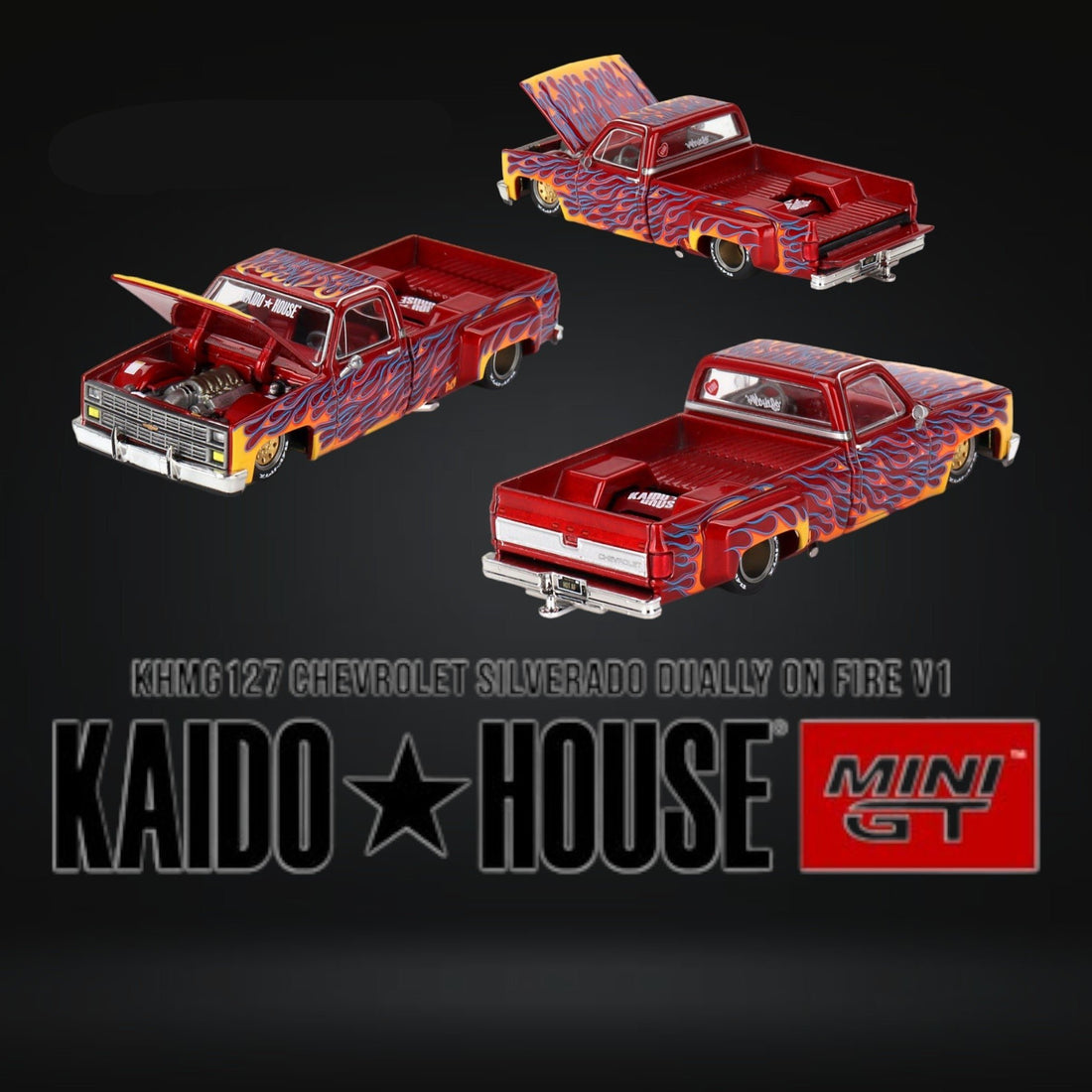 Chevrolet Silverado DUALLY on Fire V1 1:64 KHMG127 by Mini GT x Kaido House