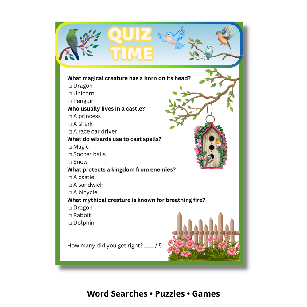 Enchanted Kingdom Learning & Activity Book | Printable / Fillable PDF for Kids Ages 6–10 | Coloring Pages, Puzzles, Games, Word Searches & Fun Facts
