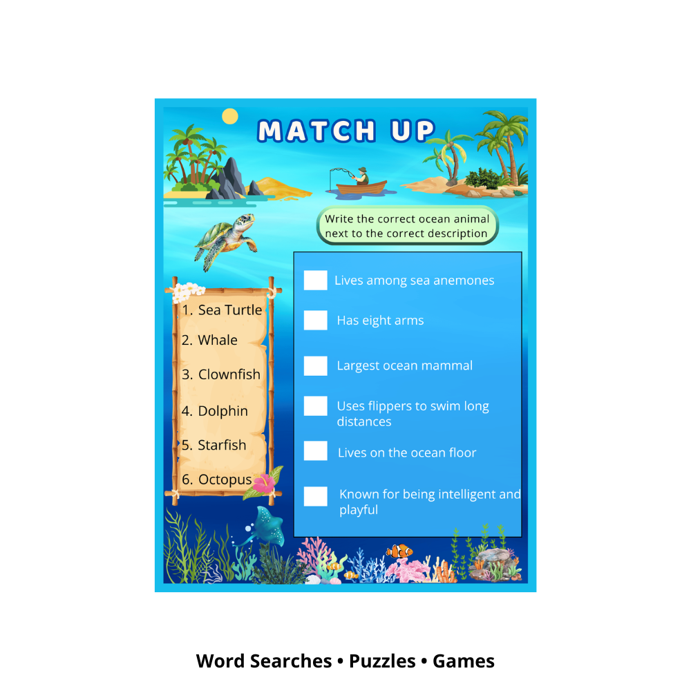 Ocean-themed maze, matching, and learning activities printable PDF
