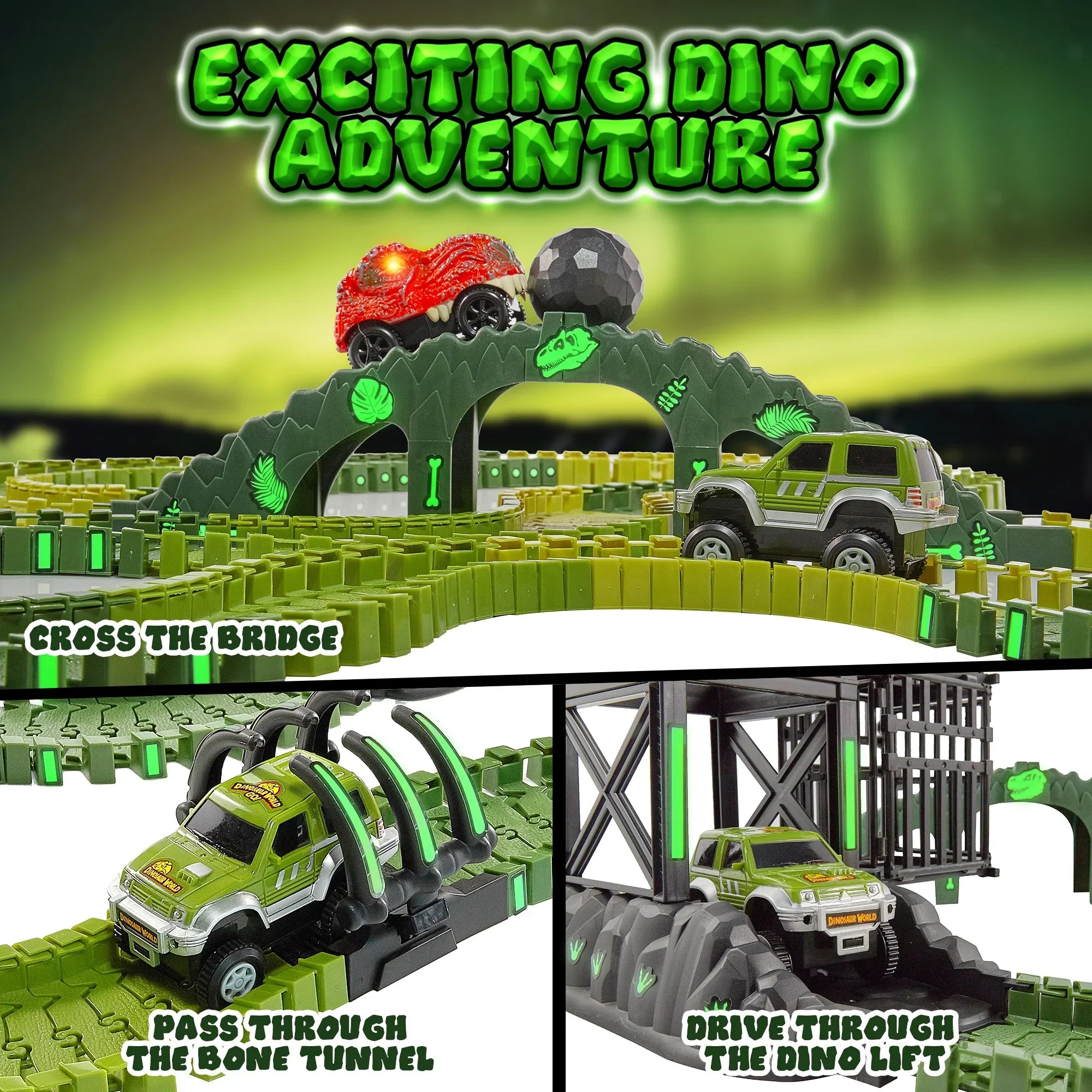Dinosaur Ultimate Dash Race Track Adventure Playset - USA Toyz 225 Piece Green 