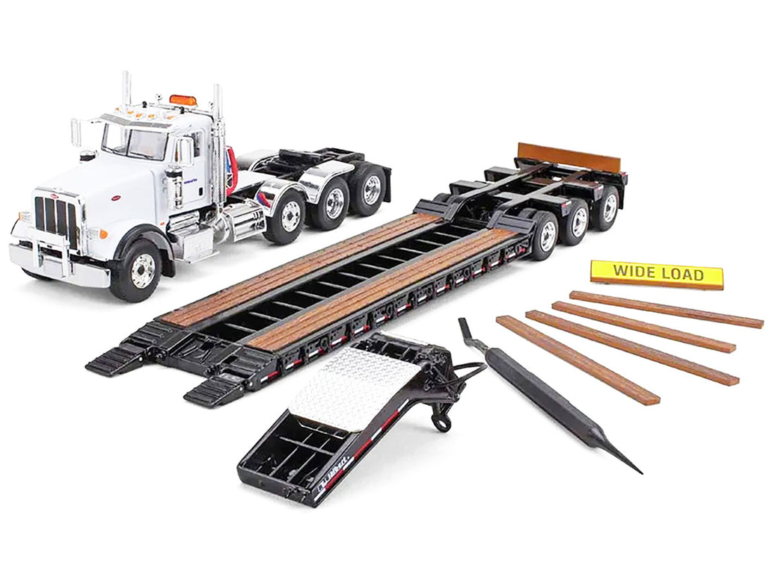 Peterbilt 367 Day Cab White "Komatsu" and Talbert 55SA Tri-Axle Lowboy Trailer Black 1/50 Diecast Model by First Gear-1