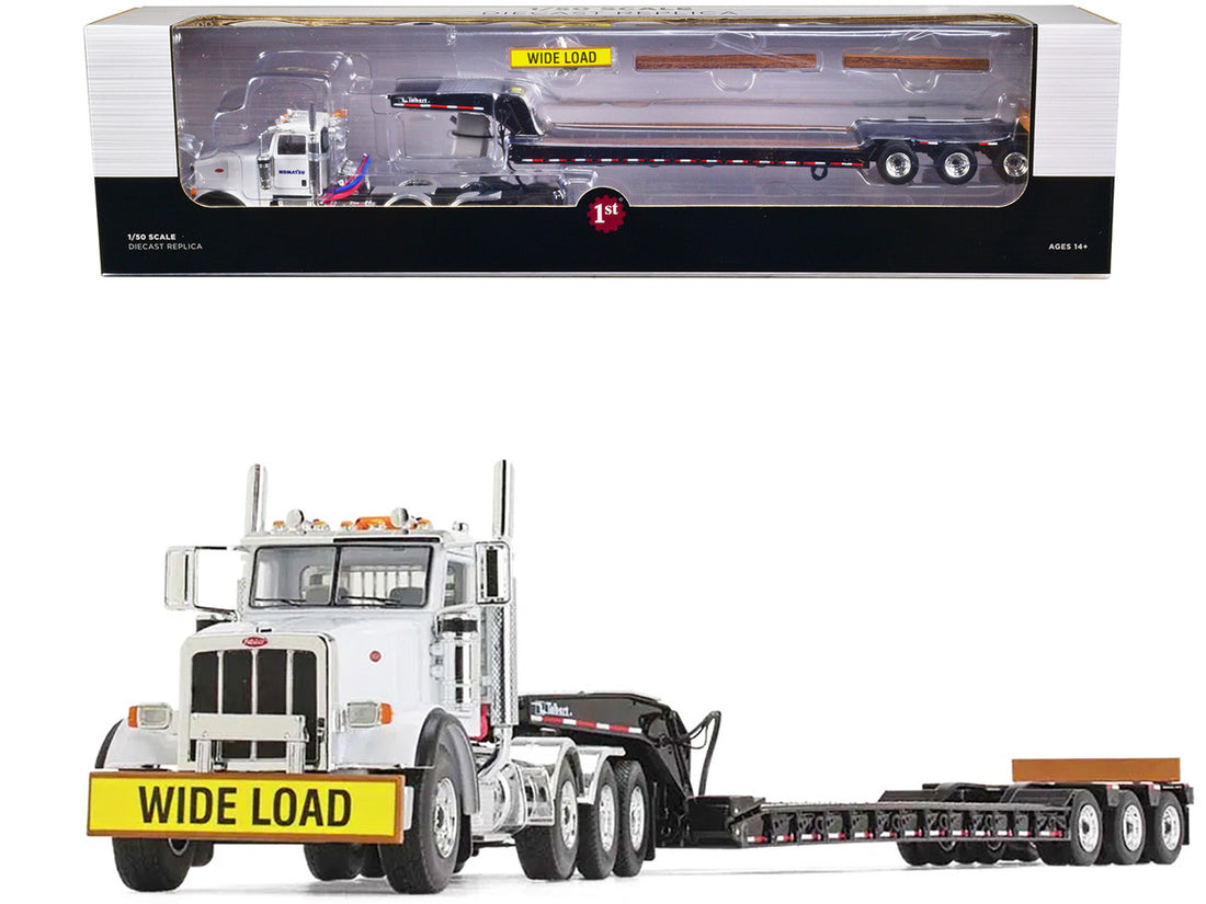 Peterbilt 367 Day Cab White "Komatsu" and Talbert 55SA Tri-Axle Lowboy Trailer Black 1/50 Diecast Model by First Gear-0