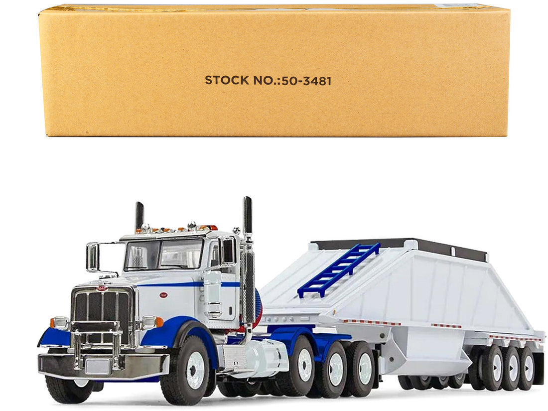 Peterbilt 367 Day Cab and Bottom Dump Trailer White and Surf Blue 1/50 Diecast Model by First Gear-0