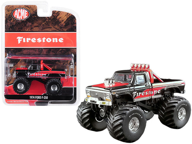 1974 Ford F-250 Monster Truck "Firestone" Black and Red "ACME Exclusive" 1/64 Diecast Model Car by Greenlight for ACME-0