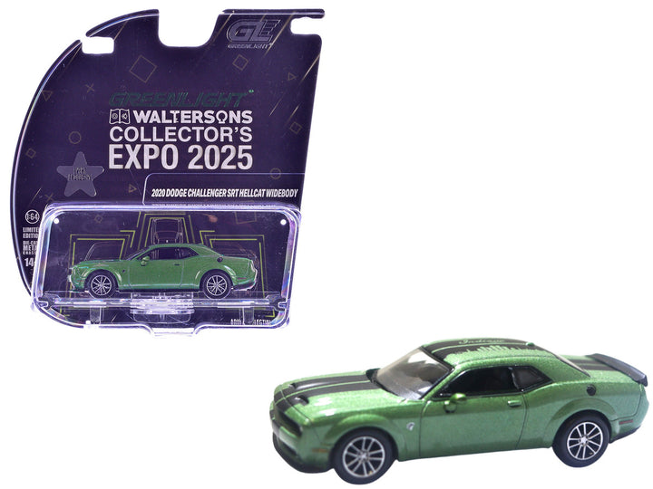 Dodge Challenger 2020 SRT Hellcat Widebody F8 Green Metallic with Black Indiana Stripes "2025 Greenlight Waltersons Collector's Expo Exclusive" 1/64 Diecast Model Car by Greenlight 2