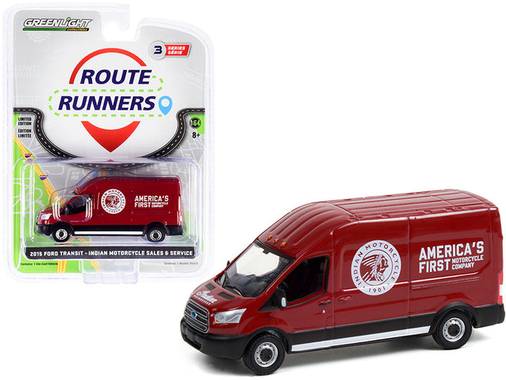 2015 Ford Transit LWB High Roof Van Burgundy "Indian Motorcycle Sales & Service" "Route Runners" Series 3 1/64 Diecast Model by Greenlight-0