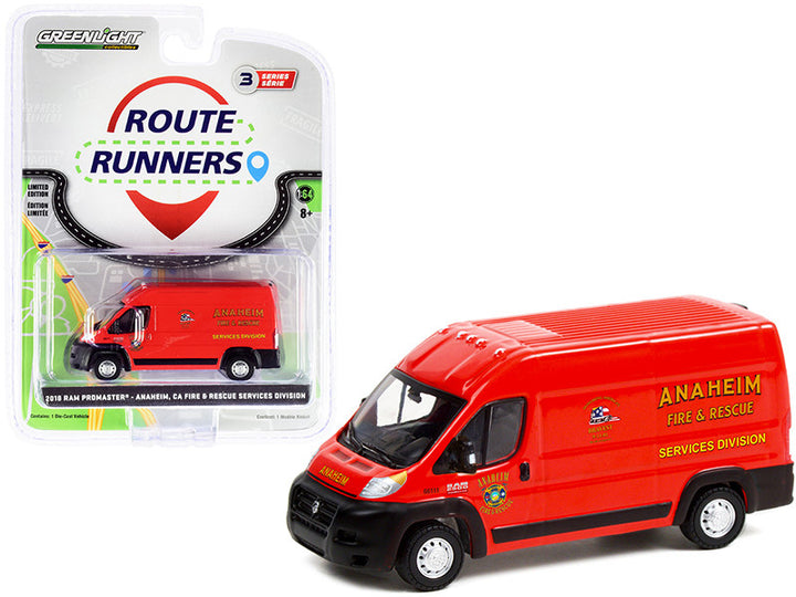 2018 Ram ProMaster 2500 Cargo High Roof Van Red "Anaheim Fire & Rescue Services Division" (California) "Route Runners" Series 3 1/64 Diecast Model by Greenlight-0